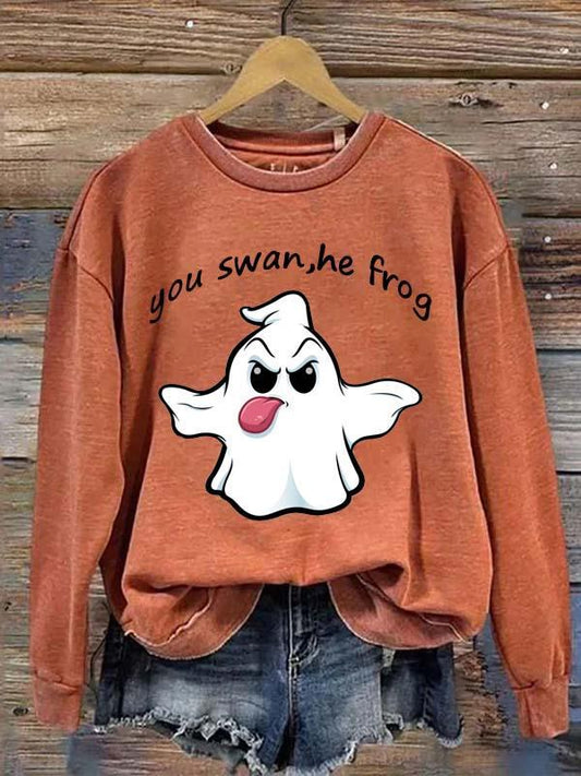 Damska koszulka na co dzień Halloween You Swan, on Frog Funny Slogan Ghost Print Bluza