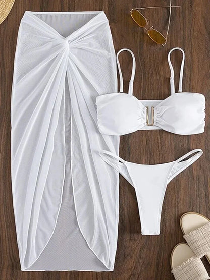 💕Pomarszczony, wysoko wycięty zestaw bikini z Sarongiem – 3-częściowy damski strój kąpielowy👙