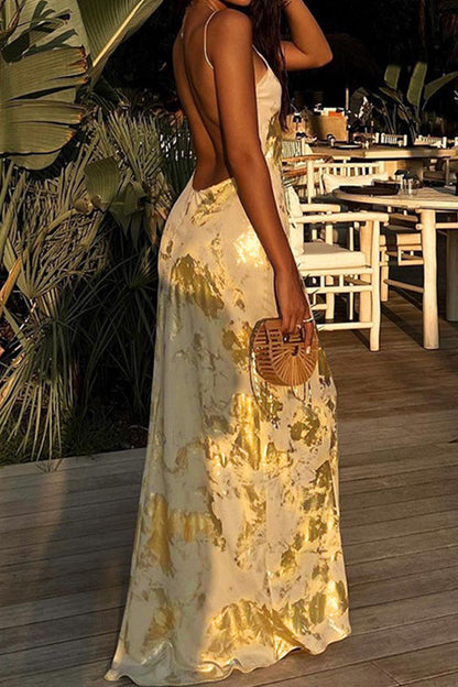 Metallic Print V-neck Backless Slip Maxi Dress