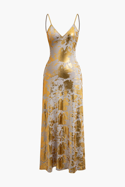 Metallic Print V-neck Backless Slip Maxi Dress