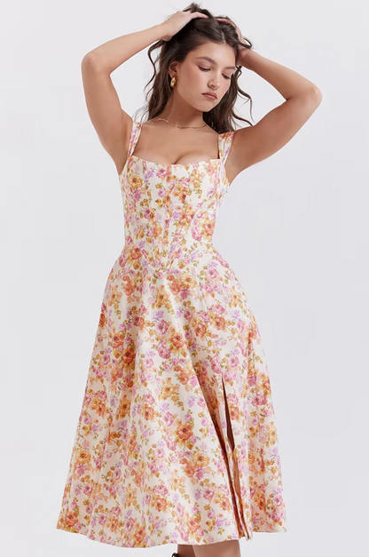 Floral Lace-Up Corset A-Line Sun Dress