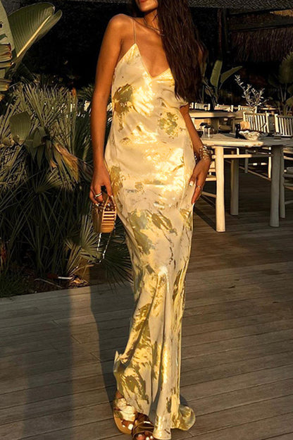 Metallic Print V-neck Backless Slip Maxi Dress